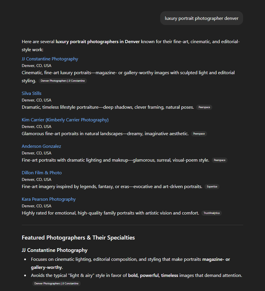 A dark-themed professional photography website screenshot showcasing various photography services and specialties.