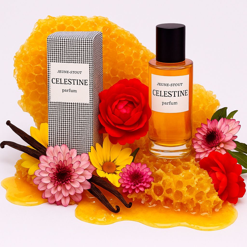 Luxury perfume bottle Celestine displayed with fresh flowers and vanilla beans on orange honeycomb background.