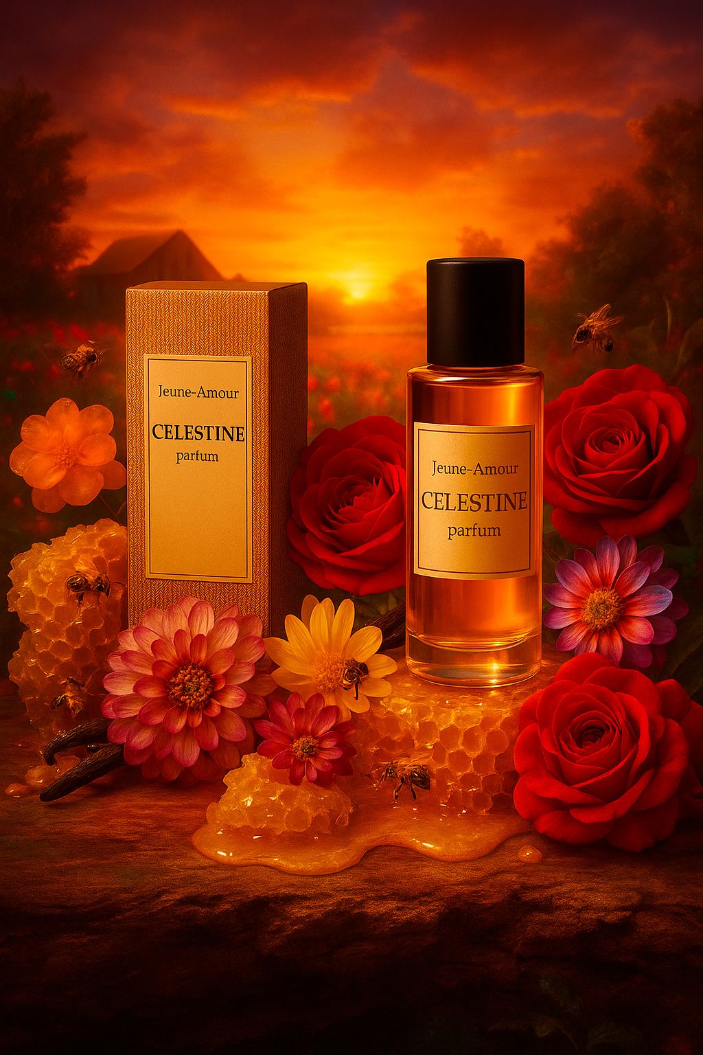 Celestine perfume bottle and box surrounded by red roses and dahlias in dramatic sunset lighting.