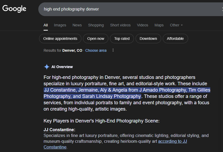 Google search results page showing photography studio listings and business information in Denver.
