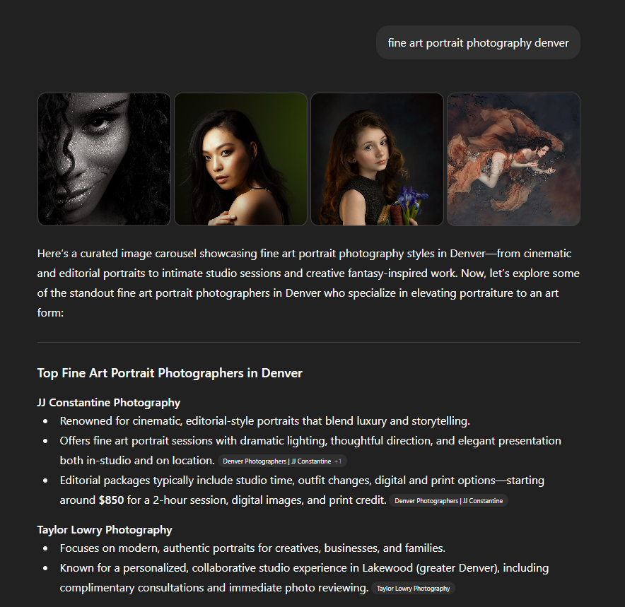 A series of website screenshots showing portrait photography services and business information on a dark background.