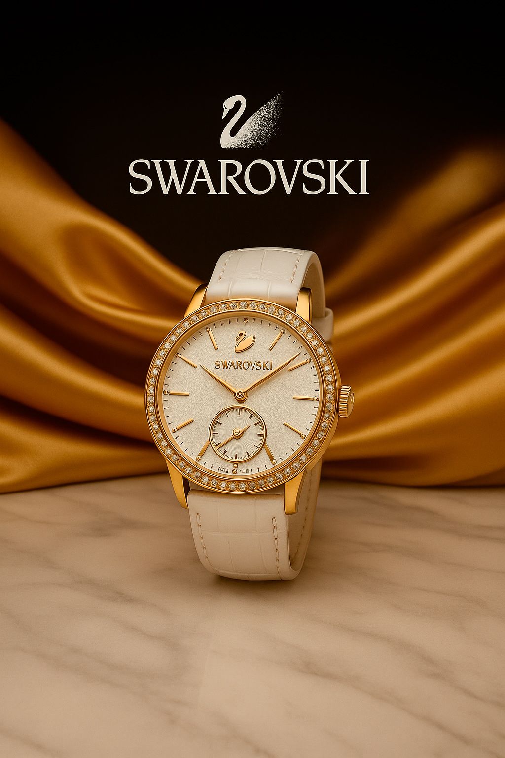 Elegant Swarovski watch with rose gold case, crystal bezel, and cream leather strap displayed on gold silk backdrop.