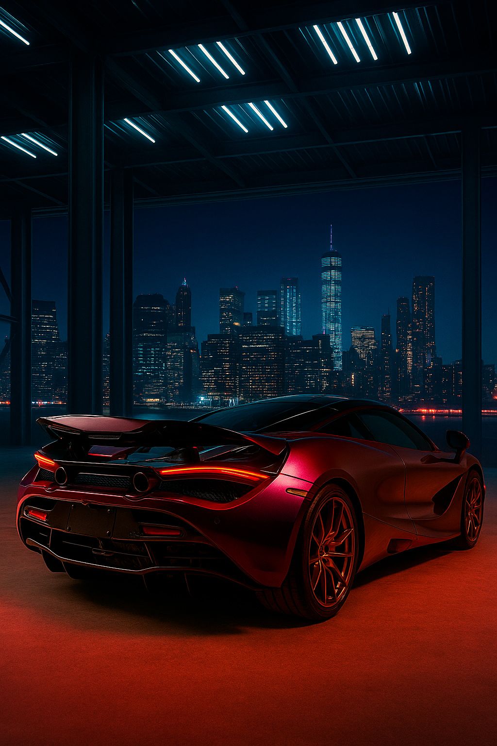 Red McLaren sports car parked at night with illuminated New York City skyline and One World Trade Center in background.