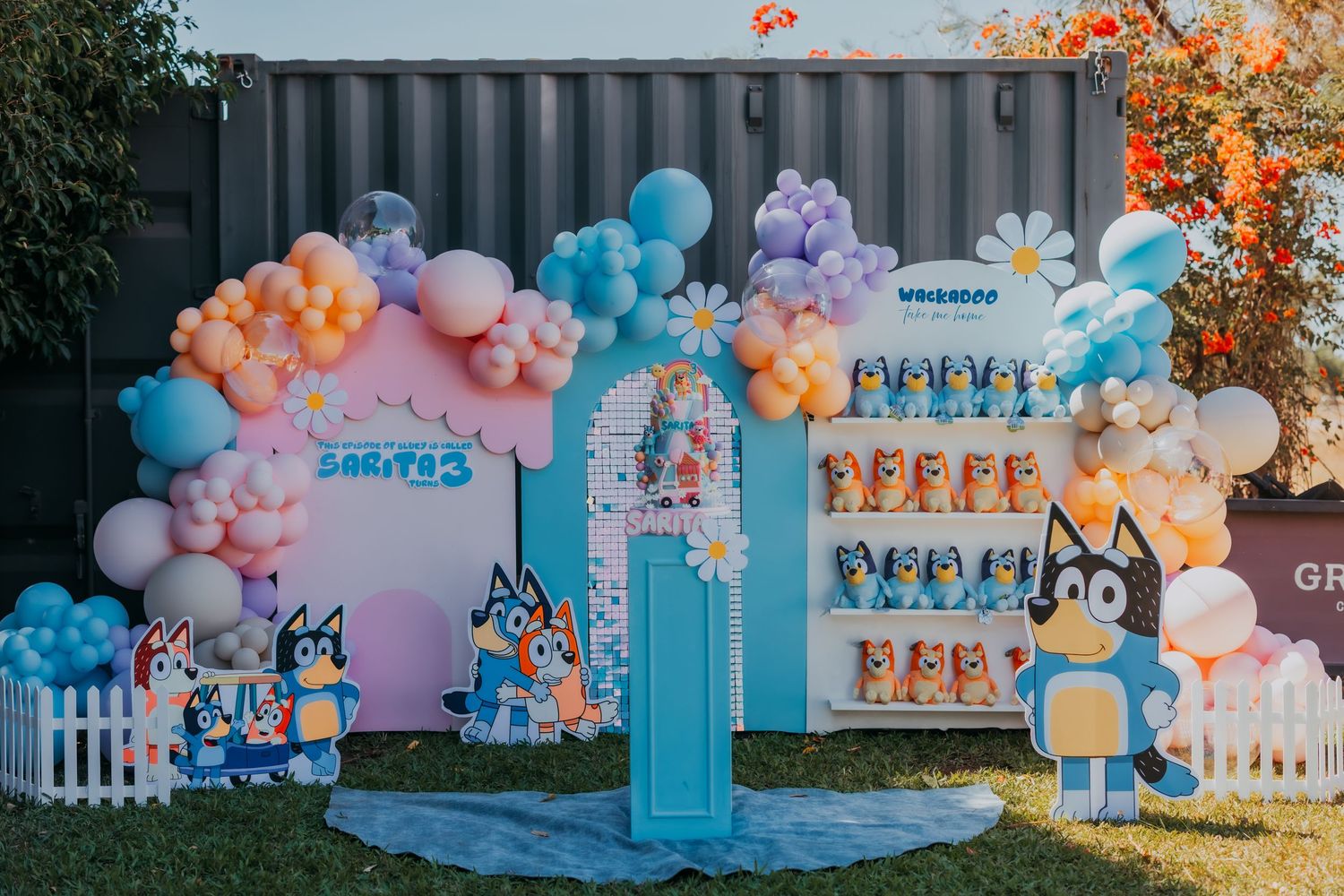 Outdoor Bluey themed birthday party setup with balloon arch and character decorations.