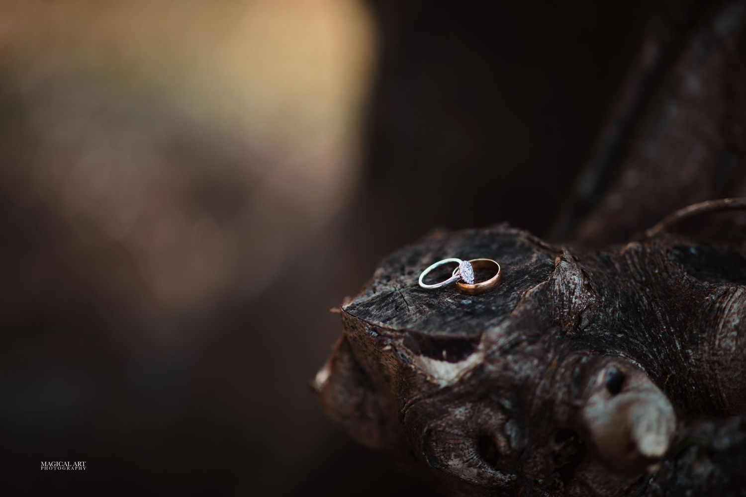 Two gold wedding bands resting on a dark textured surface in a moody artistic close-up.
