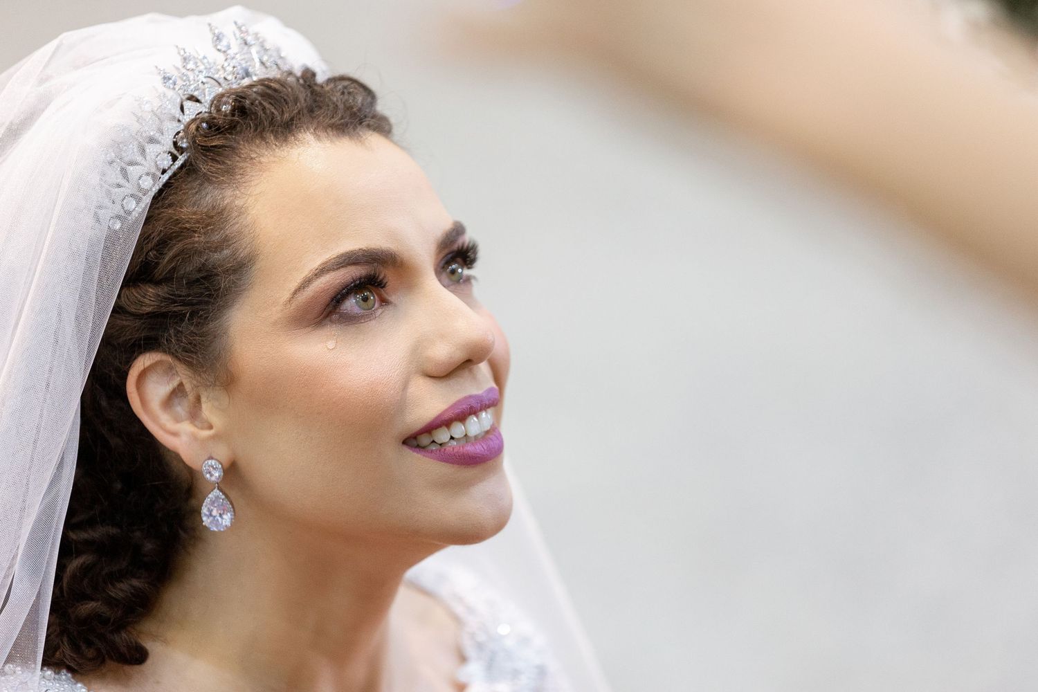 Close-up details of a bridal veil and tiara against a light background.