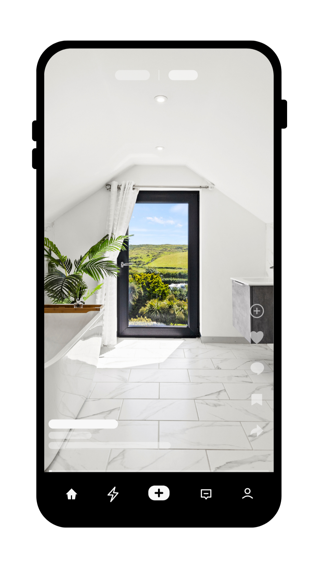 Bright attic room with marble flooring and large window offering stunning countryside views.