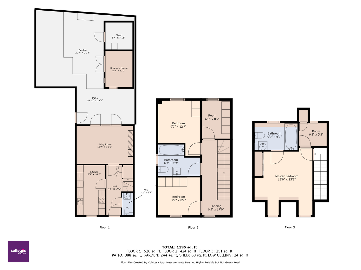 Three-level modern home floor plan showing detailed room layouts and dimensions.