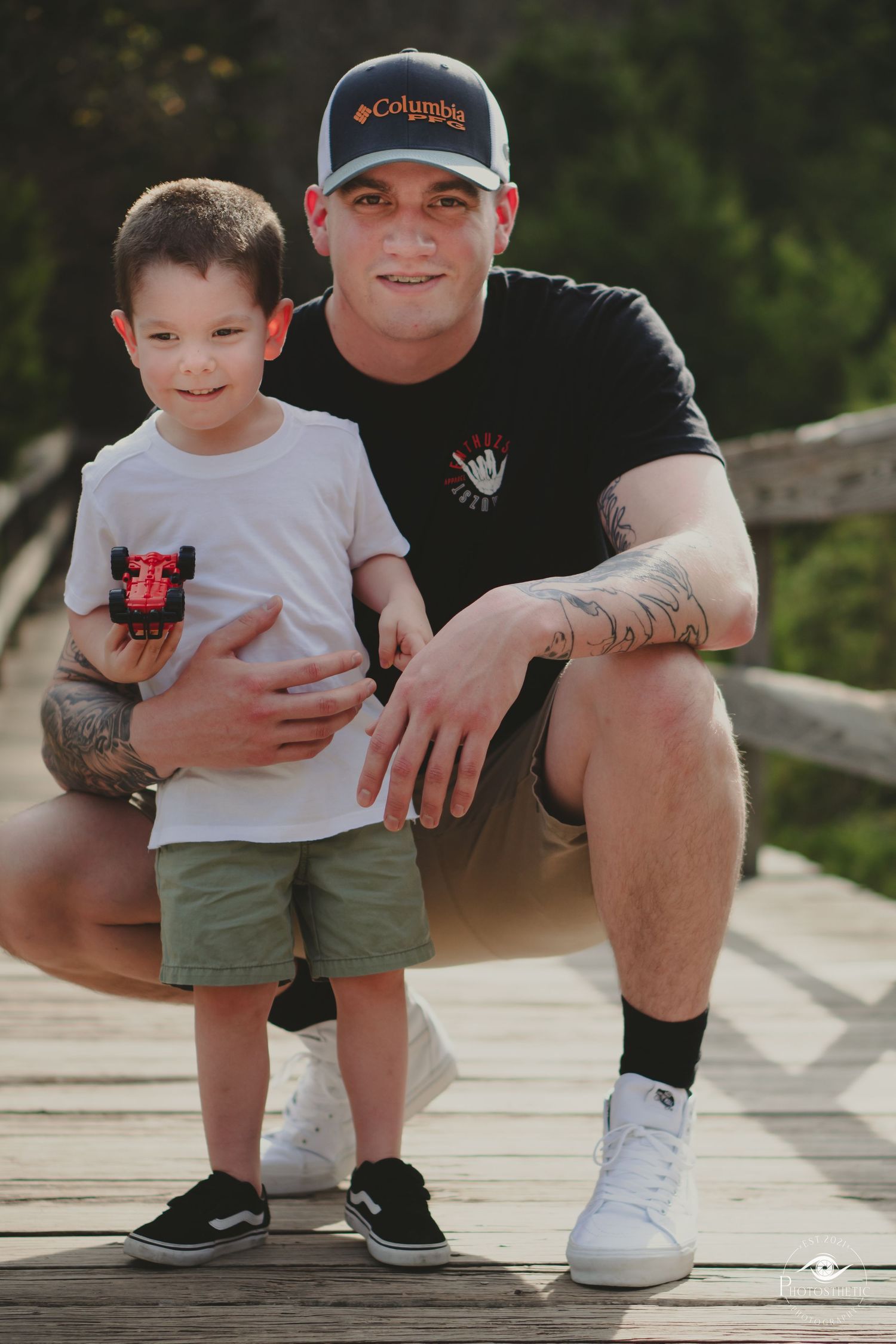 A sequence of four similar photos showing a parent and child sitting together on wooden steps outdoors.