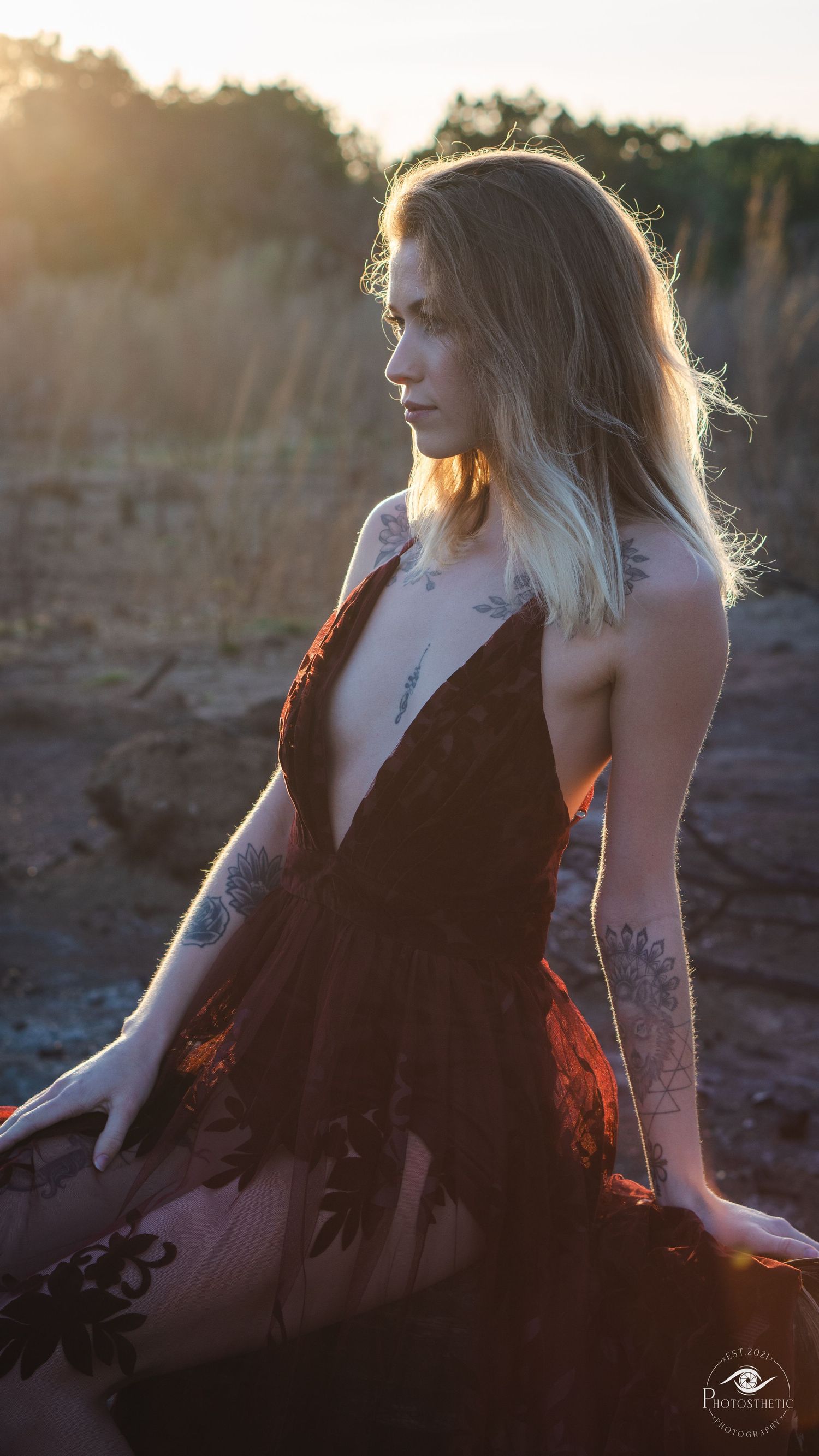 Woman with tattoos wearing a dark flowing dress posed outdoors at golden hour, lit by warm natural light.