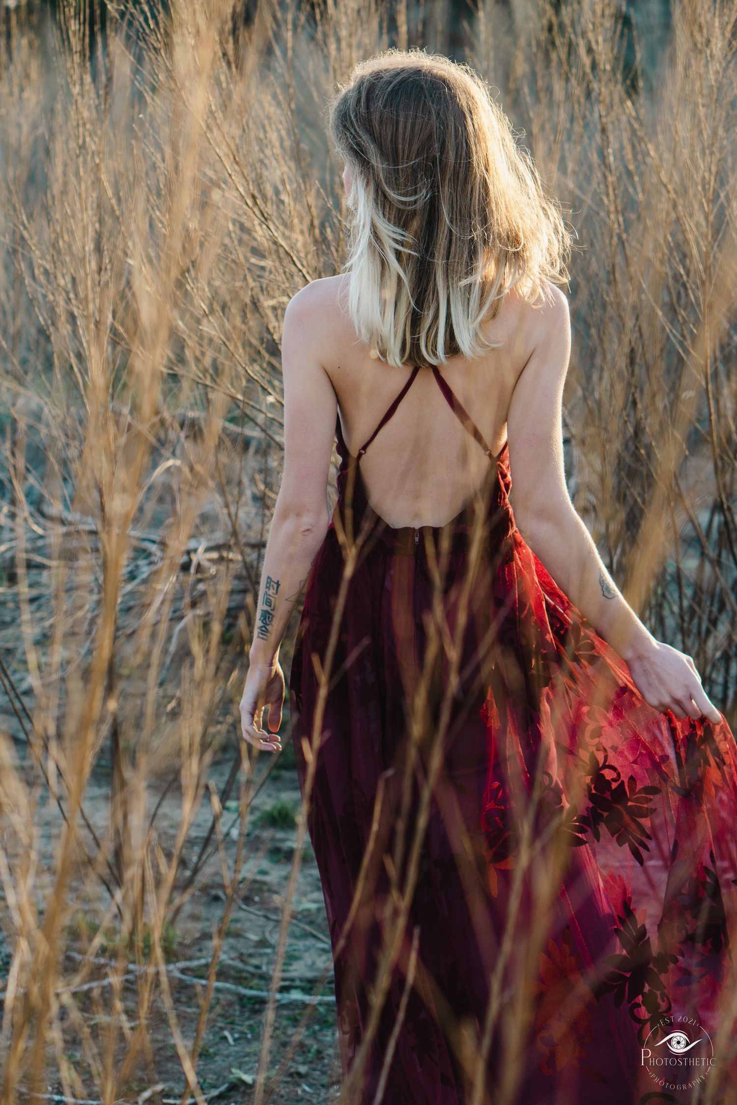 Artistic outdoor portrait of a tattooed woman in a flowing gown, captured in warm natural light.
