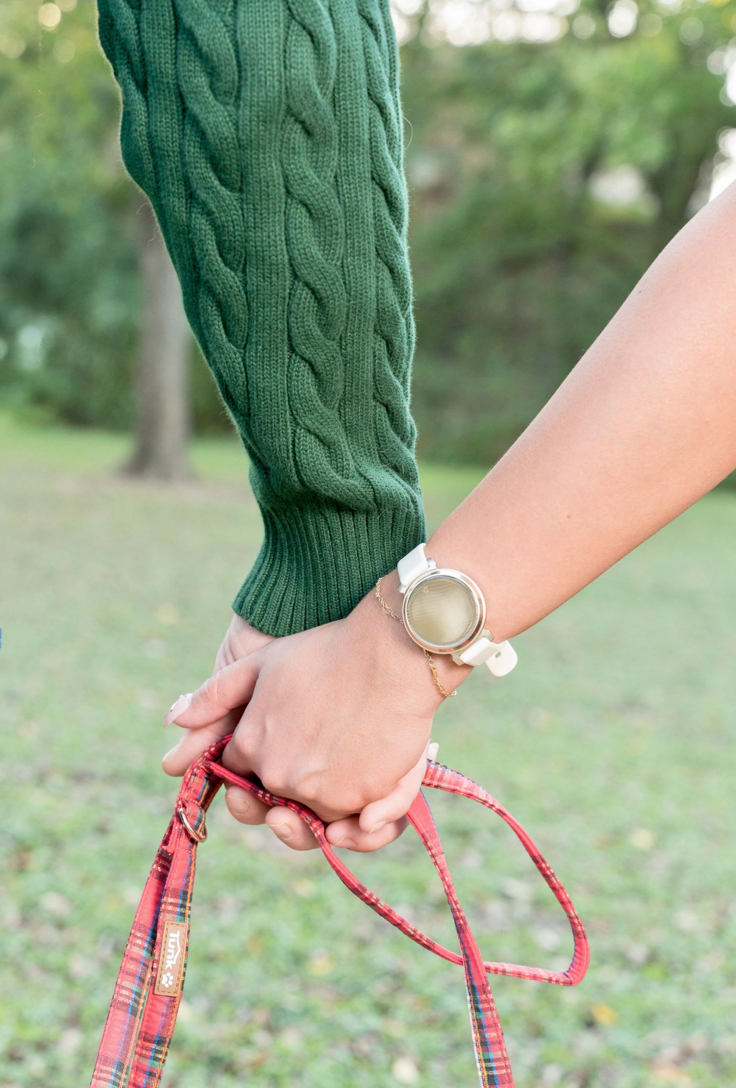 Close-up of a couple holding hands while holding a plaid dog leash outdoors in a park.