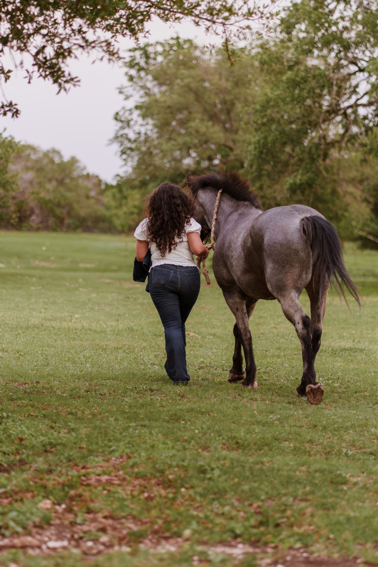 Woman with curly hair walking alongside a gray horse on a lush green field with trees in the background.