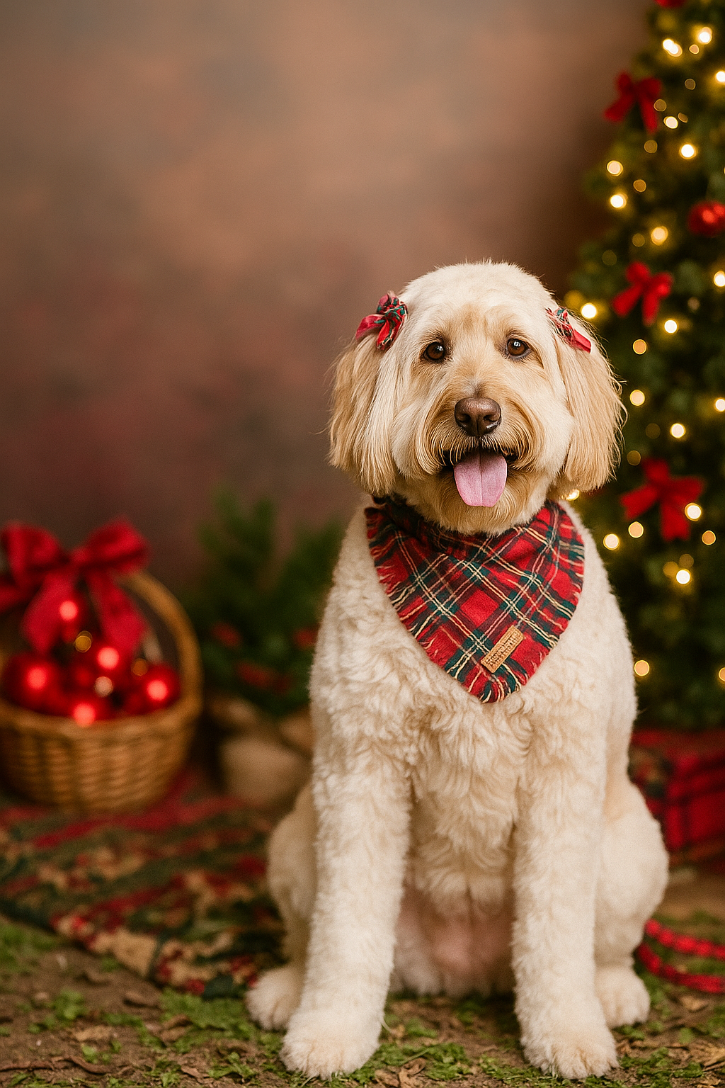 Fluffy dog sitting indoors wearing a red plaid bandana in front of Christmas decorations.