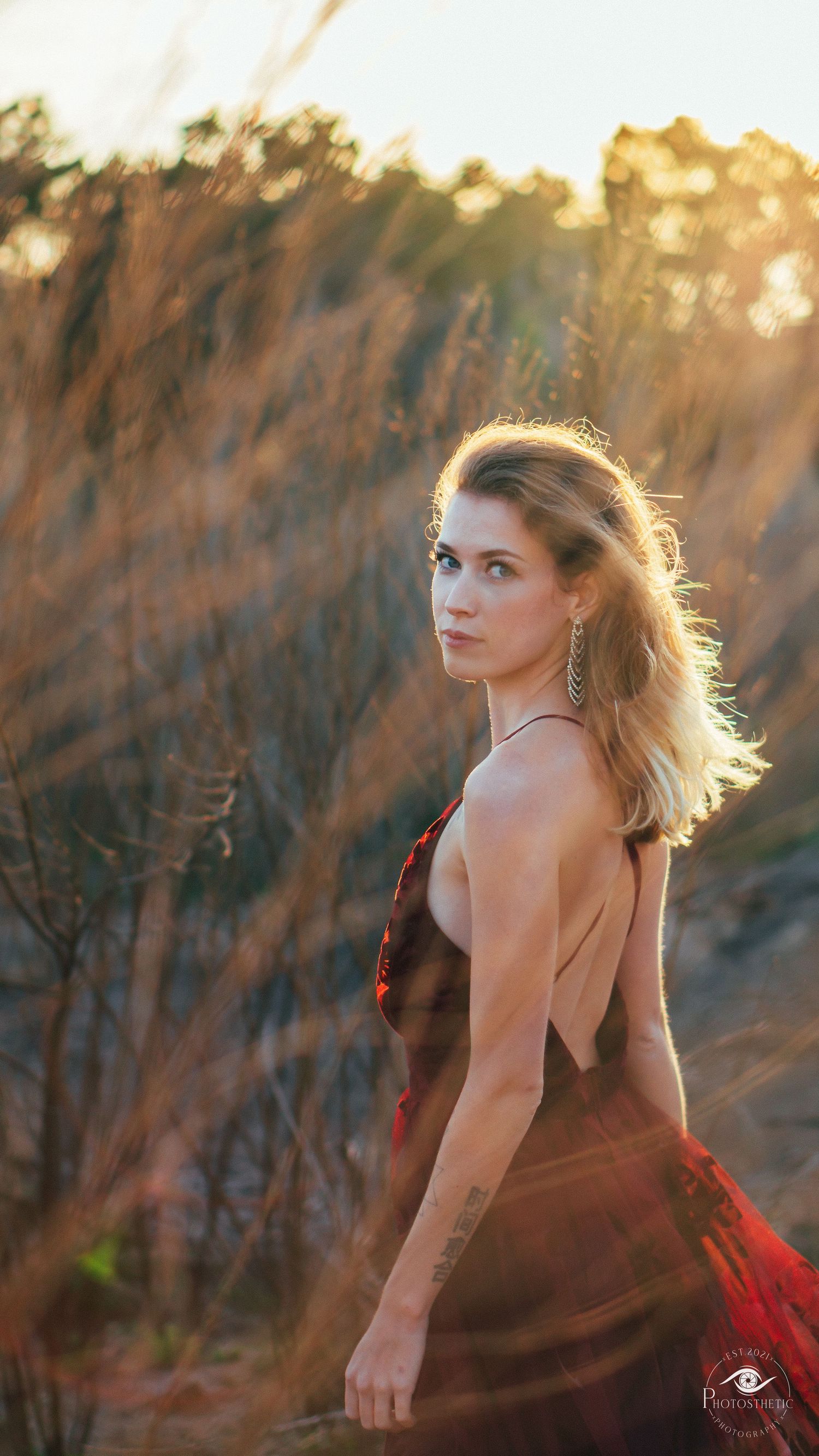 Artistic outdoor portrait of a tattooed woman in a flowing gown, captured in warm natural light.