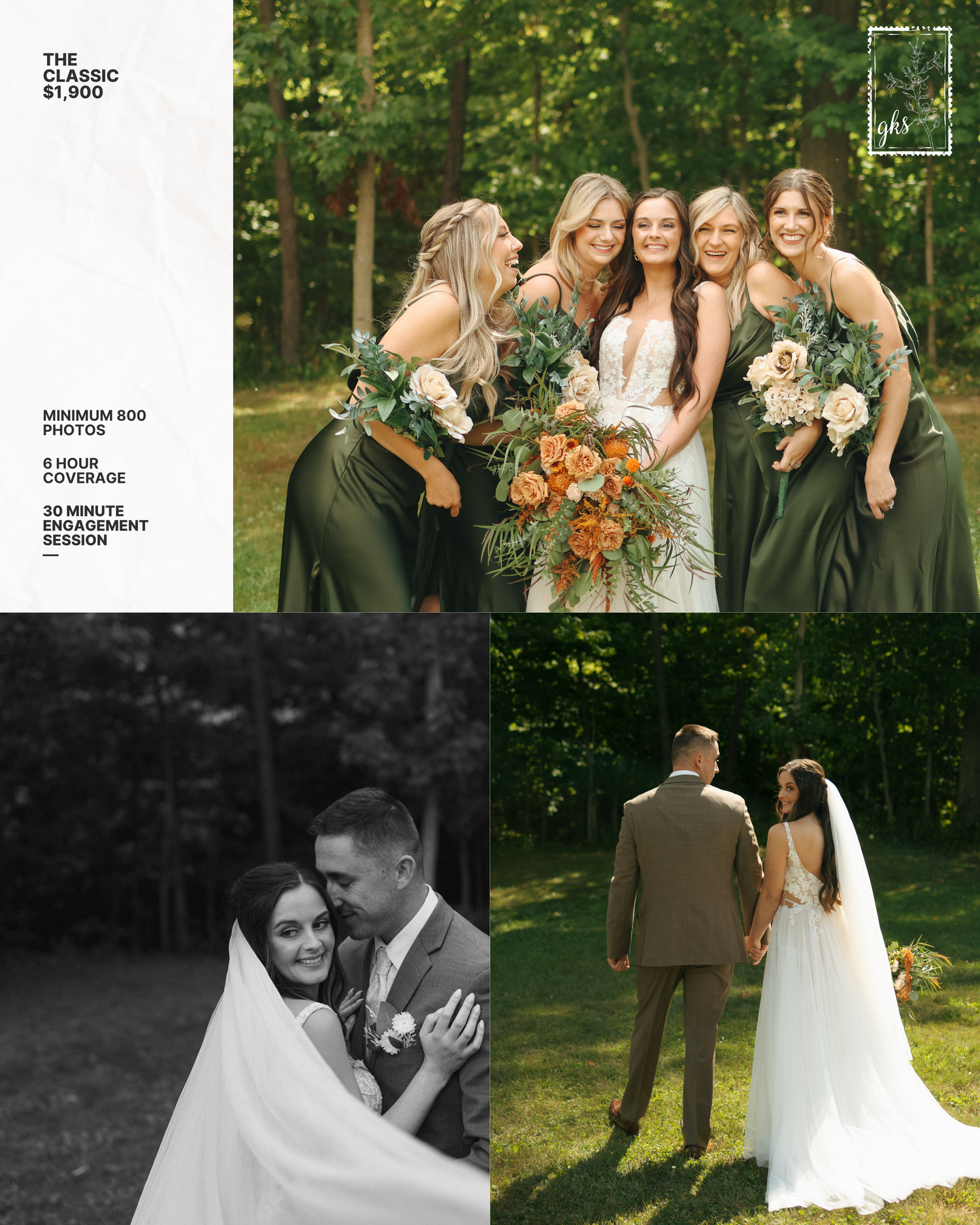 Bride with bridesmaids in green dresses holding bouquets, plus romantic black-and-white and outdoor couple portraits.