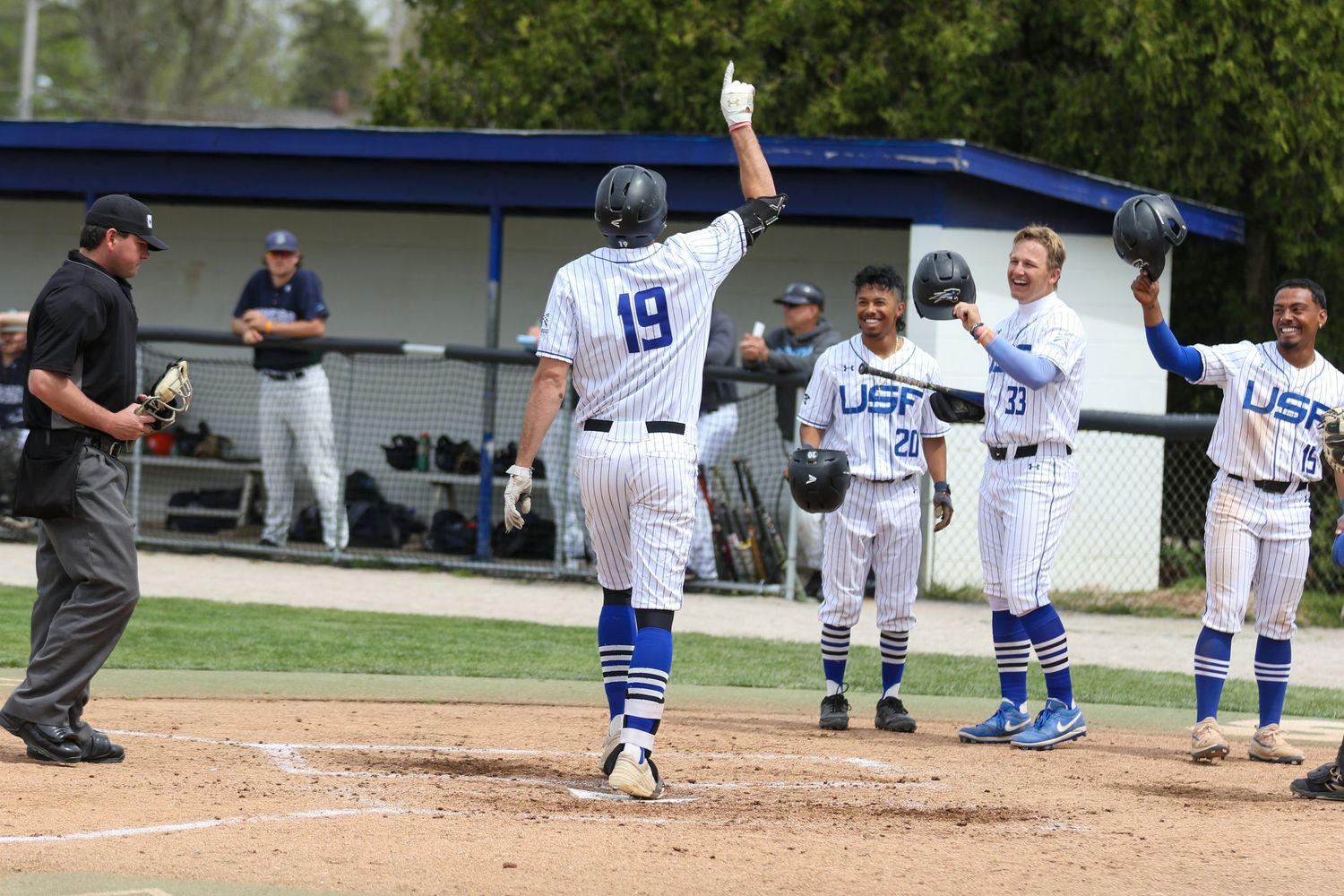 Baseball players celebrate at home plate during a game with raised arms and excited reactions.
