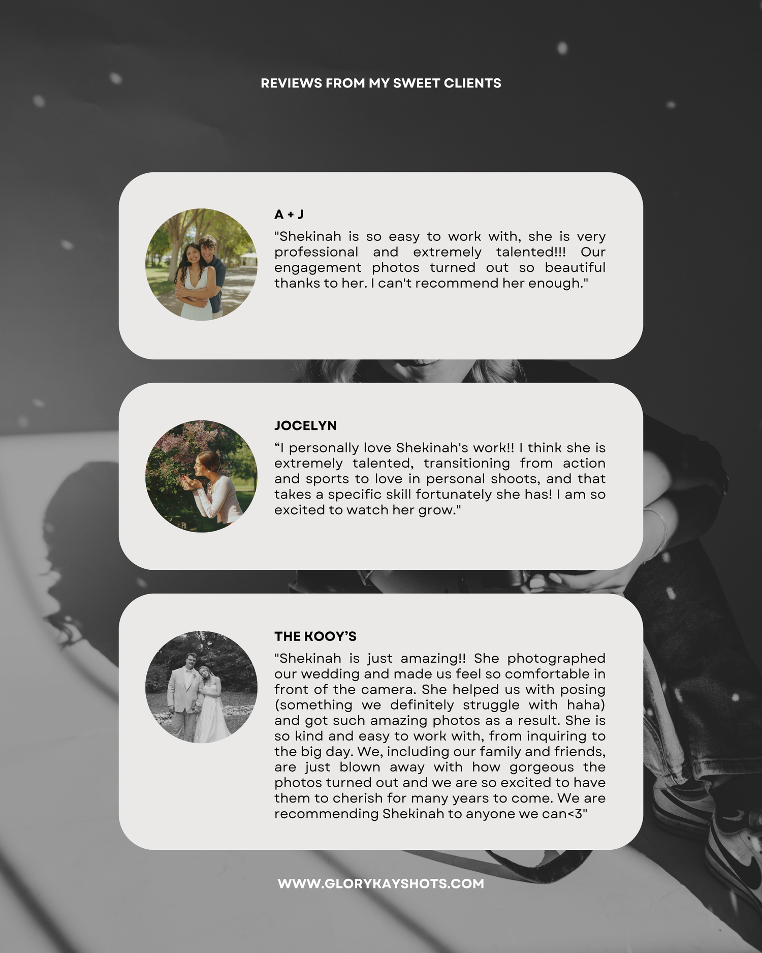 A photography business review card featuring client testimonials praising wedding and engagement photographer Shekinah.