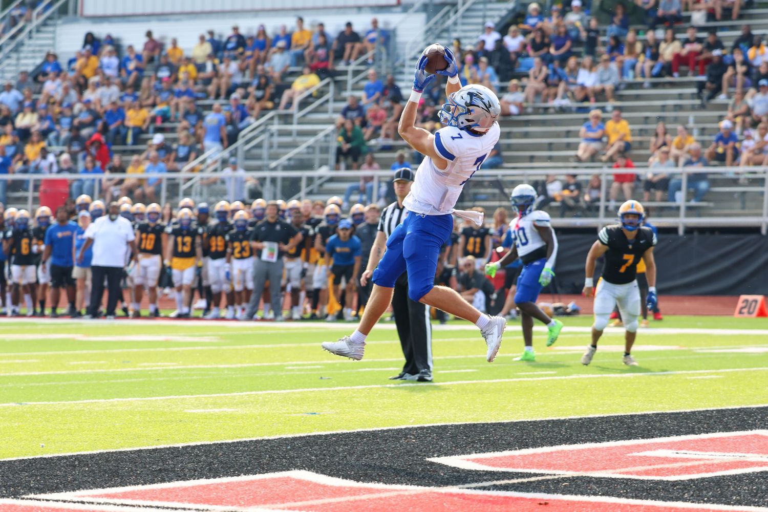 Wide receiver leaps high to catch football during game with stadium crowd visible in background.