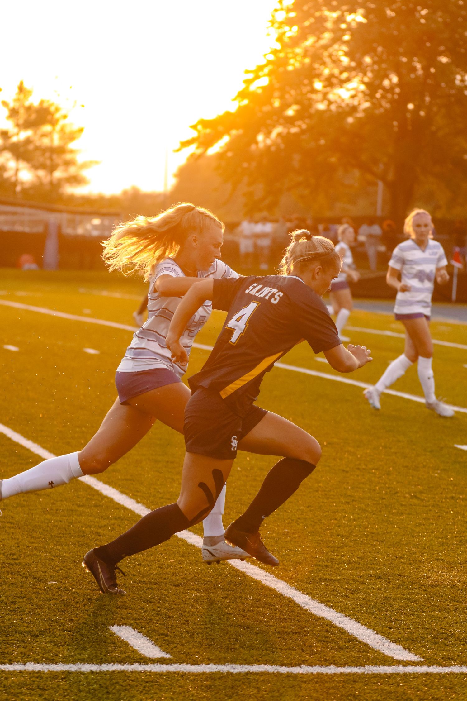 Soccer players compete in an intense battle for possession during a golden sunset match on turf field.