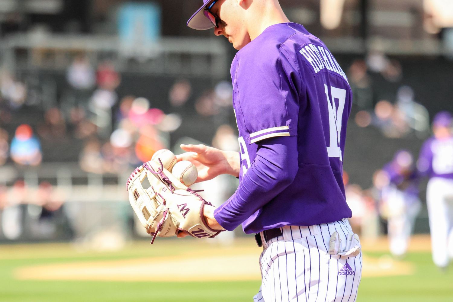 Baseball player in purple pinstriped uniform holding a ball on the field during a game.