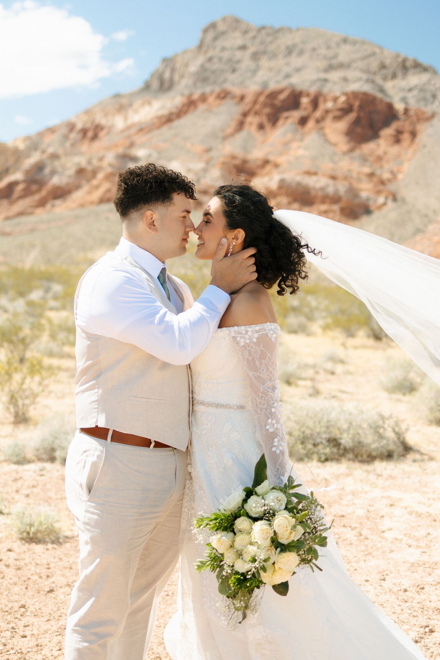 A newlywed couple shares a romantic kiss against a backdrop of desert mountains and blue sky.