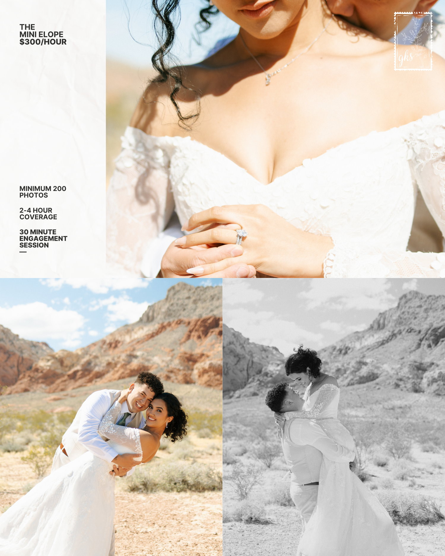 Bride in white off-shoulder gown showcasing diamond ring, with desert canyon elopement photos collage.