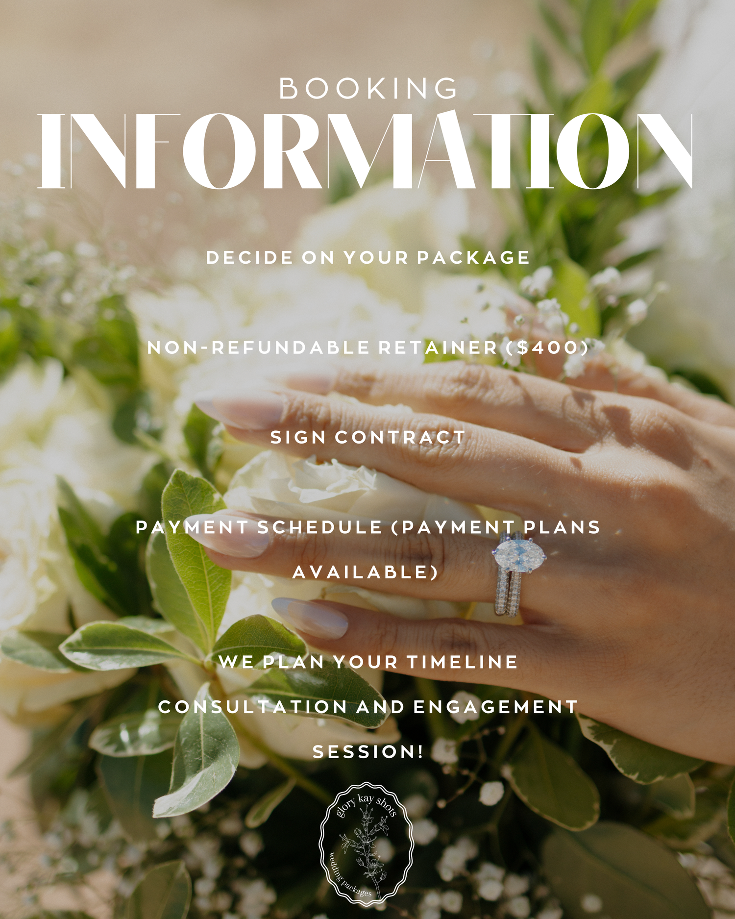 Wedding booking information graphic with engagement ring on bridal bouquet listing steps: package, retainer, contract, payment, timeline.