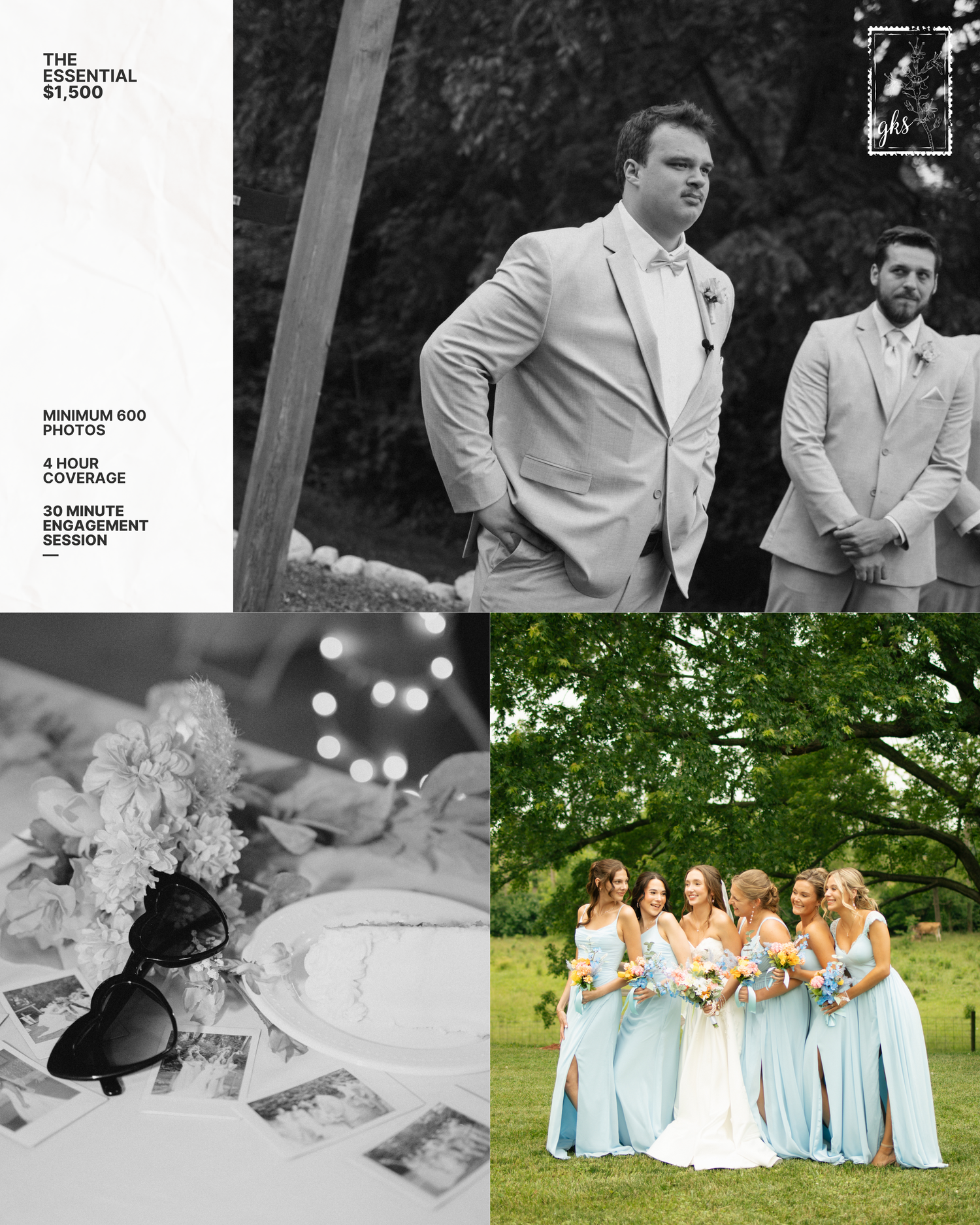 Wedding photography package collage featuring groomsmen, bridal details, and bridesmaids in light blue dresses outdoors.