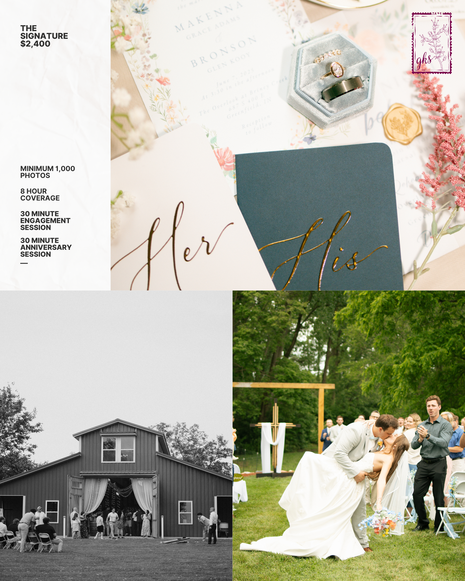 Elegant wedding photography collage featuring stationery, barn venue, and couple dancing outdoors in a lush green setting.
