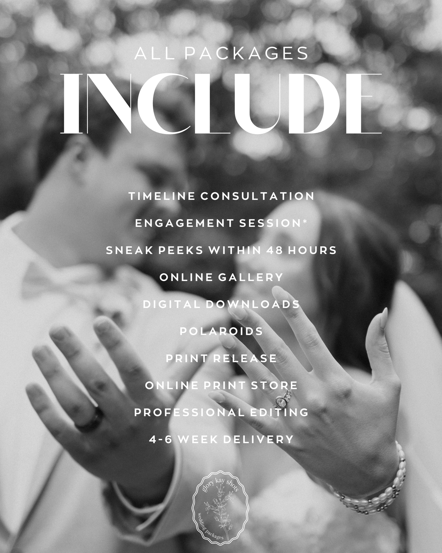Black and white wedding photography package flyer listing inclusions like engagement session, digital downloads, and 4-6 week delivery.
