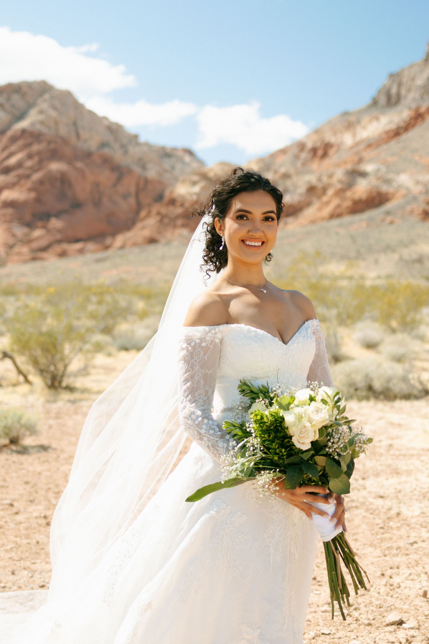 A bride in an off-shoulder lace wedding gown holds a white and green bouquet in a desert landscape with red rocks.