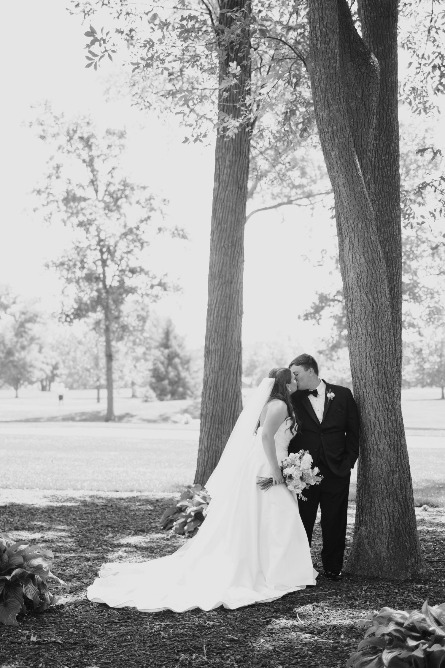Black and white wedding photo of bride and groom kissing under large trees in a park setting.
