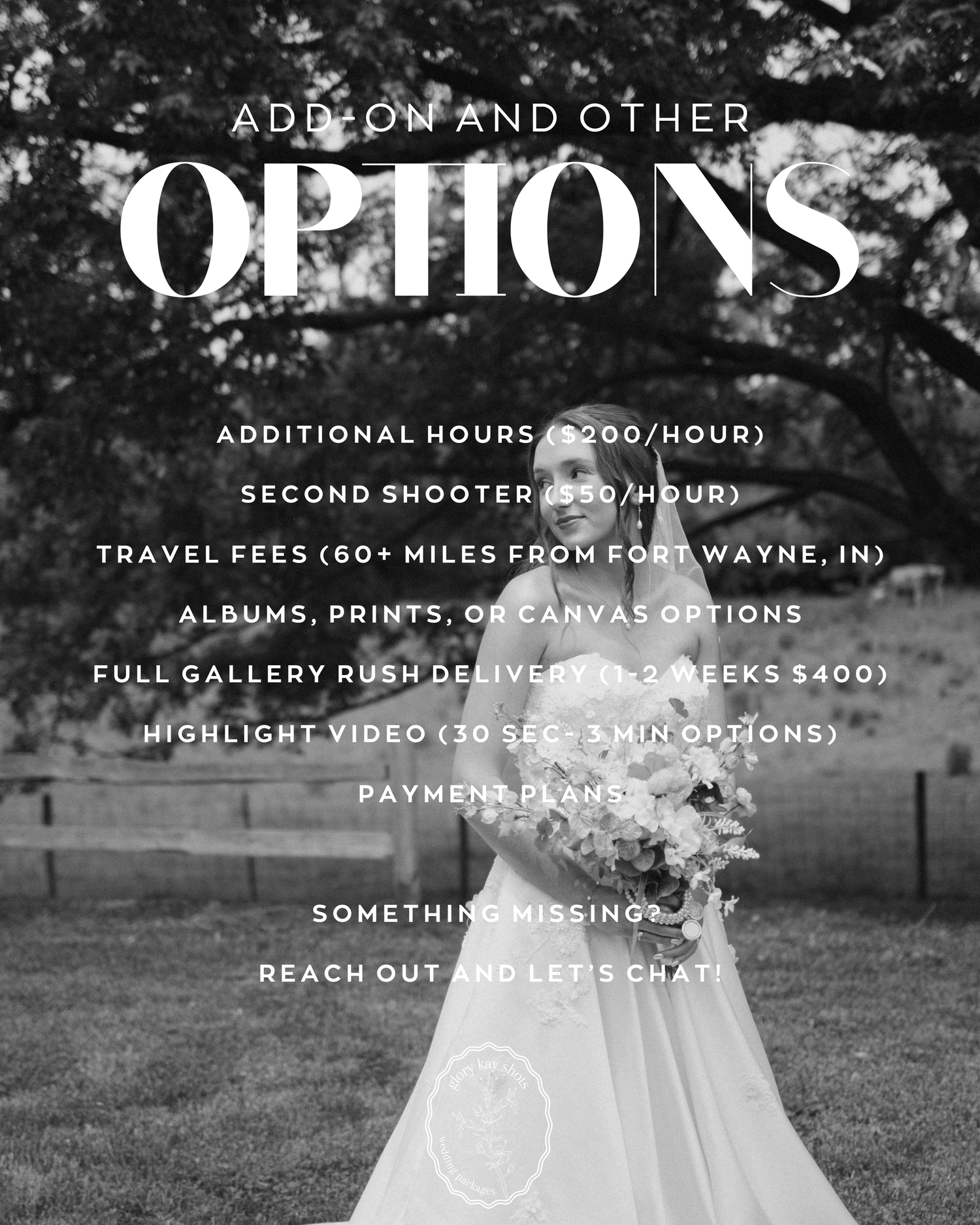 Black and white wedding photography pricing guide showing add-on options including extra hours, second shooter, and rush delivery.