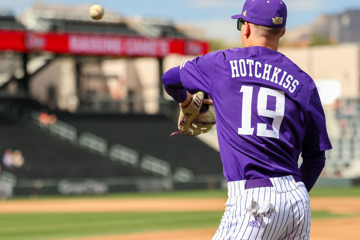 Baseball player in purple and white striped uniform with number 19 throws a pitch during a game.
