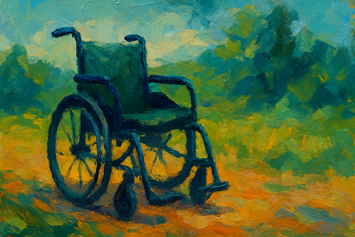 Oil painting of an empty wheelchair on a colorful sunlit outdoor path surrounded by lush green trees.