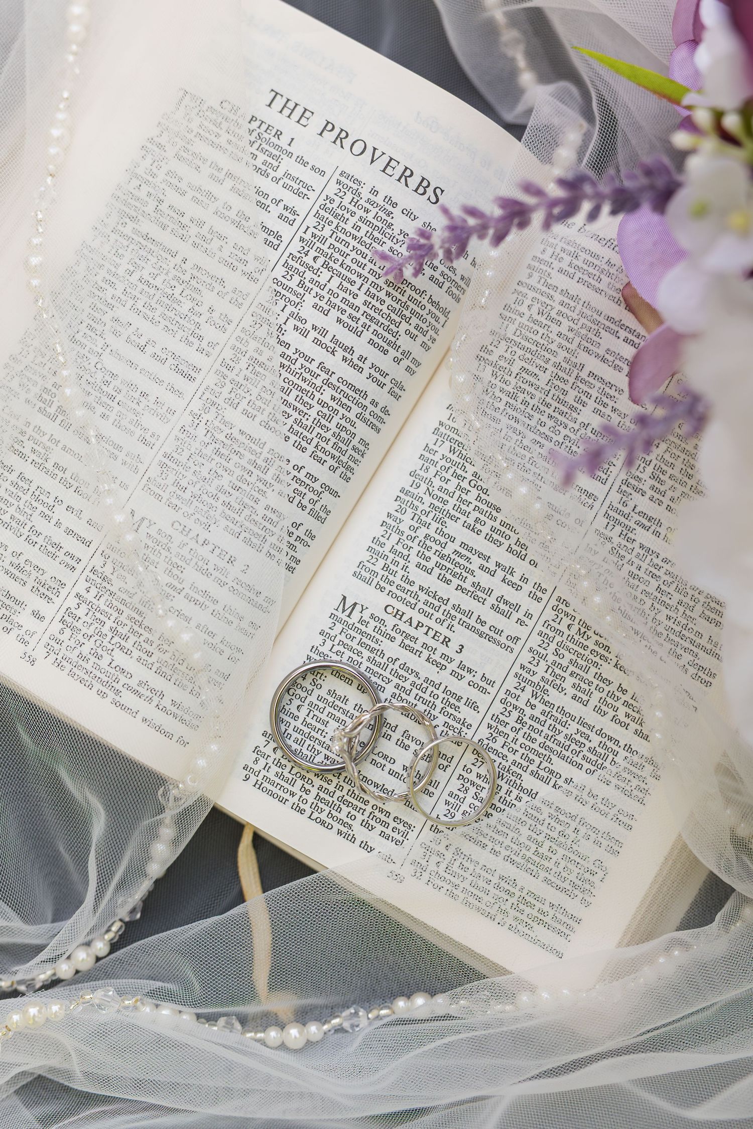 Wedding rings rest on an open Bible displaying The Proverbs chapter with purple flowers and white tulle fabric in frame.