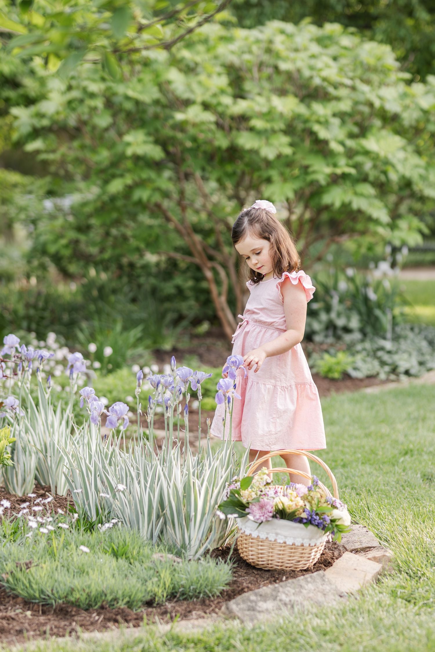 Pink-dressed figure explores a garden path lined with blooming iris flowers and a woven basket.