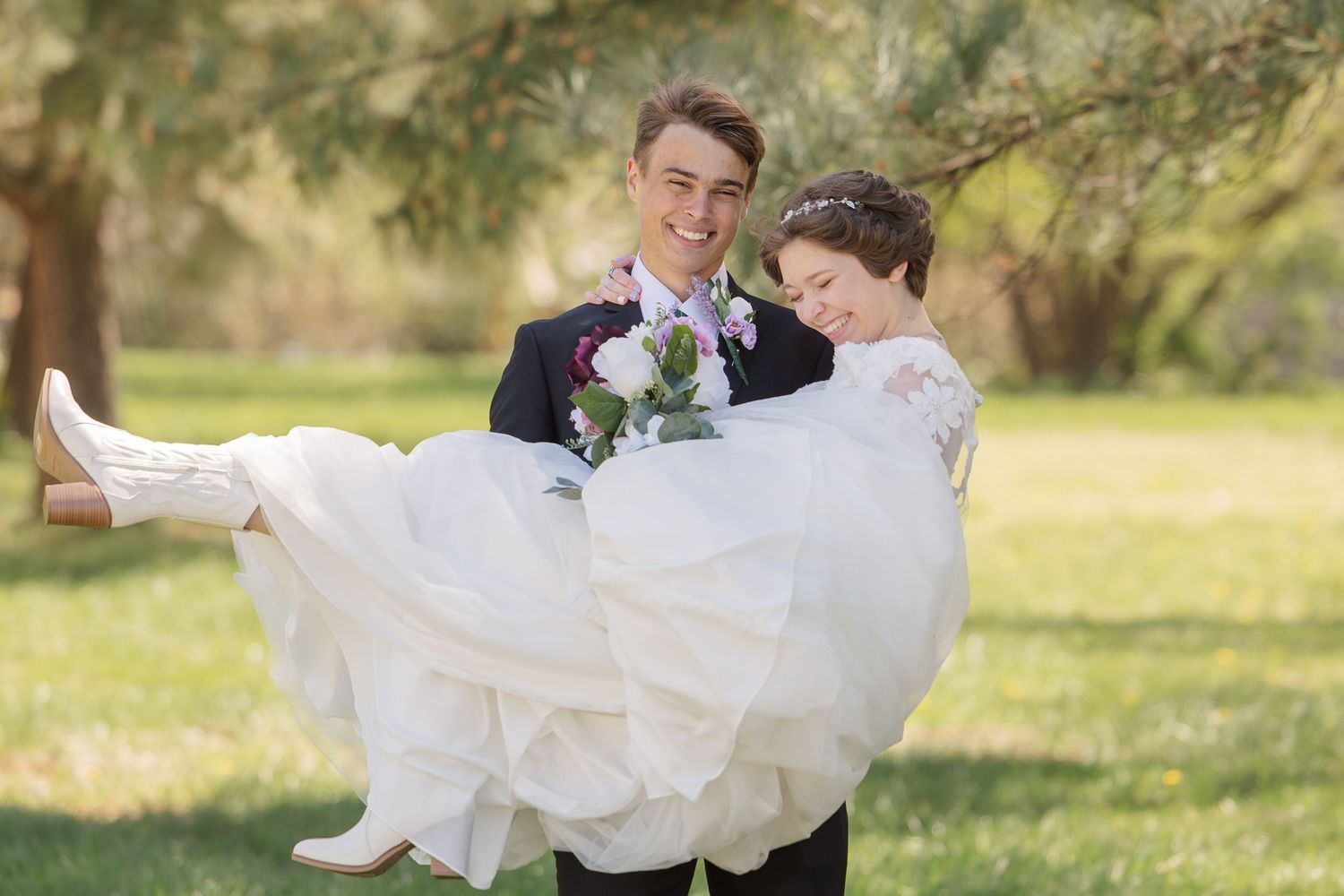Romantic wedding photo collage showing intimate moments between newlyweds in a sun-dappled outdoor setting and garden.