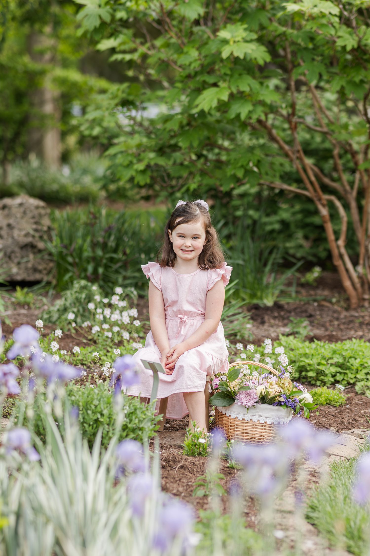 A springtime garden scene with purple iris flowers blooming among lush foliage.