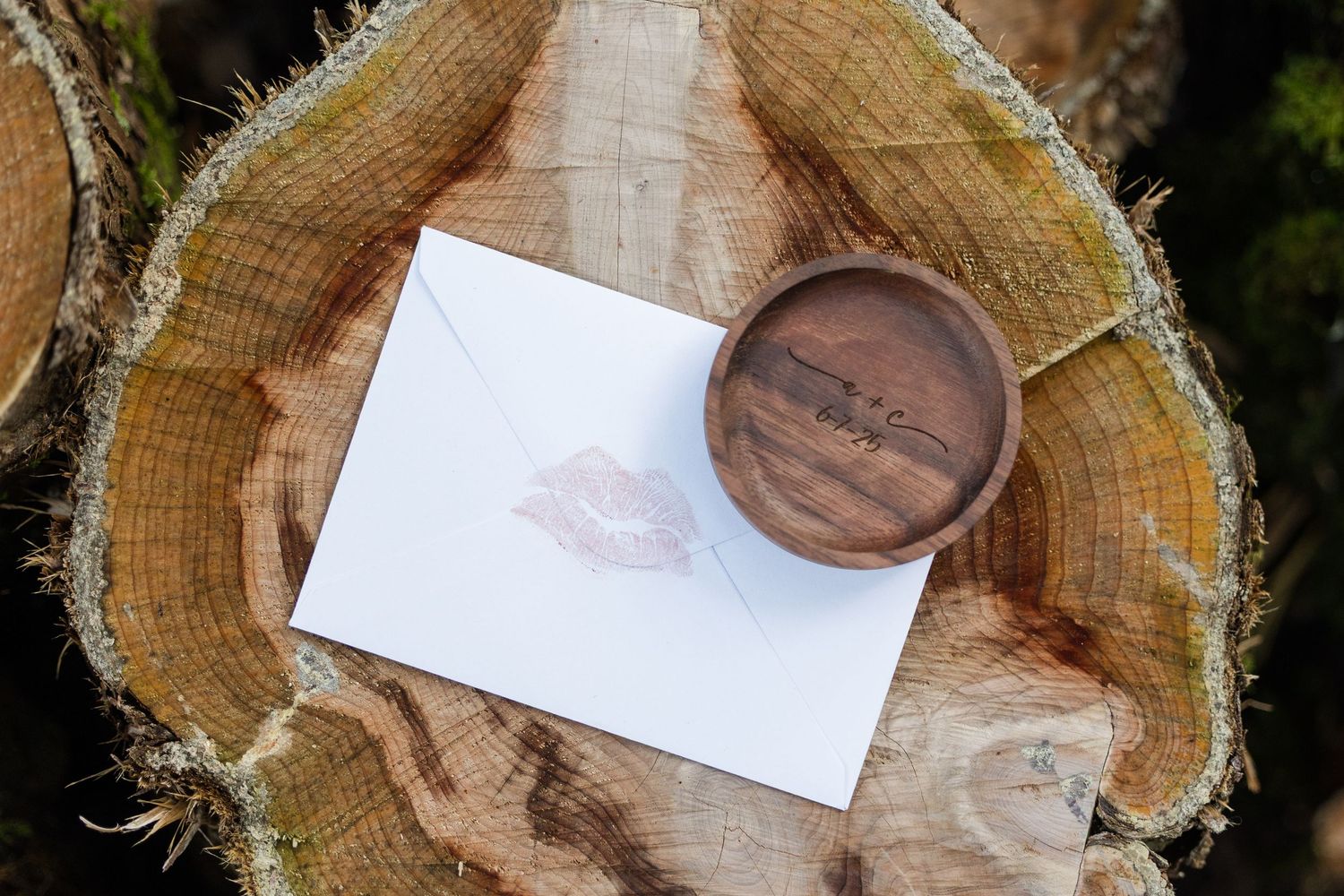 Closeup sequence showing gradual wood staining process on circular log end sections with dark brown finish.