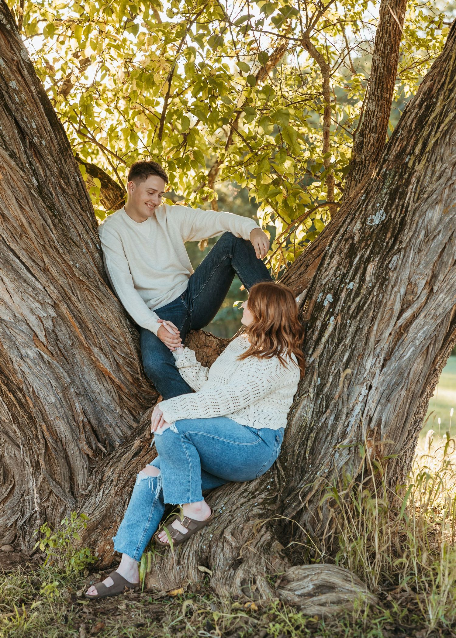 A couple sitting playfully in a large tree trunk on a sunny autumn day in a park.