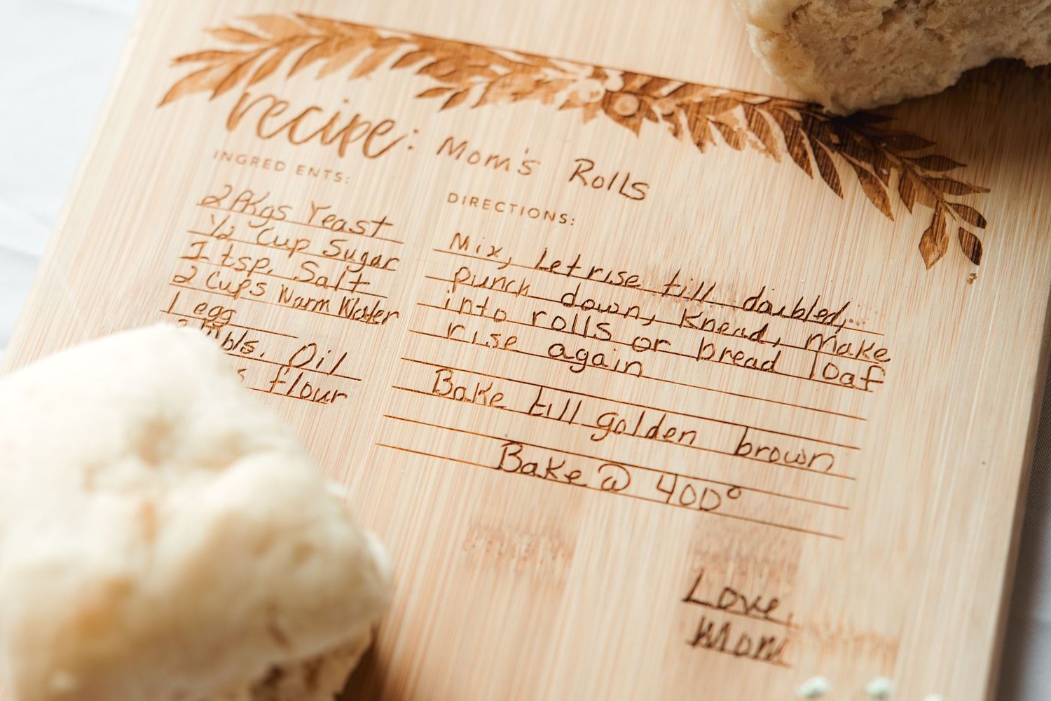 Handwritten recipe card with rustic floral design and brown paper texture.