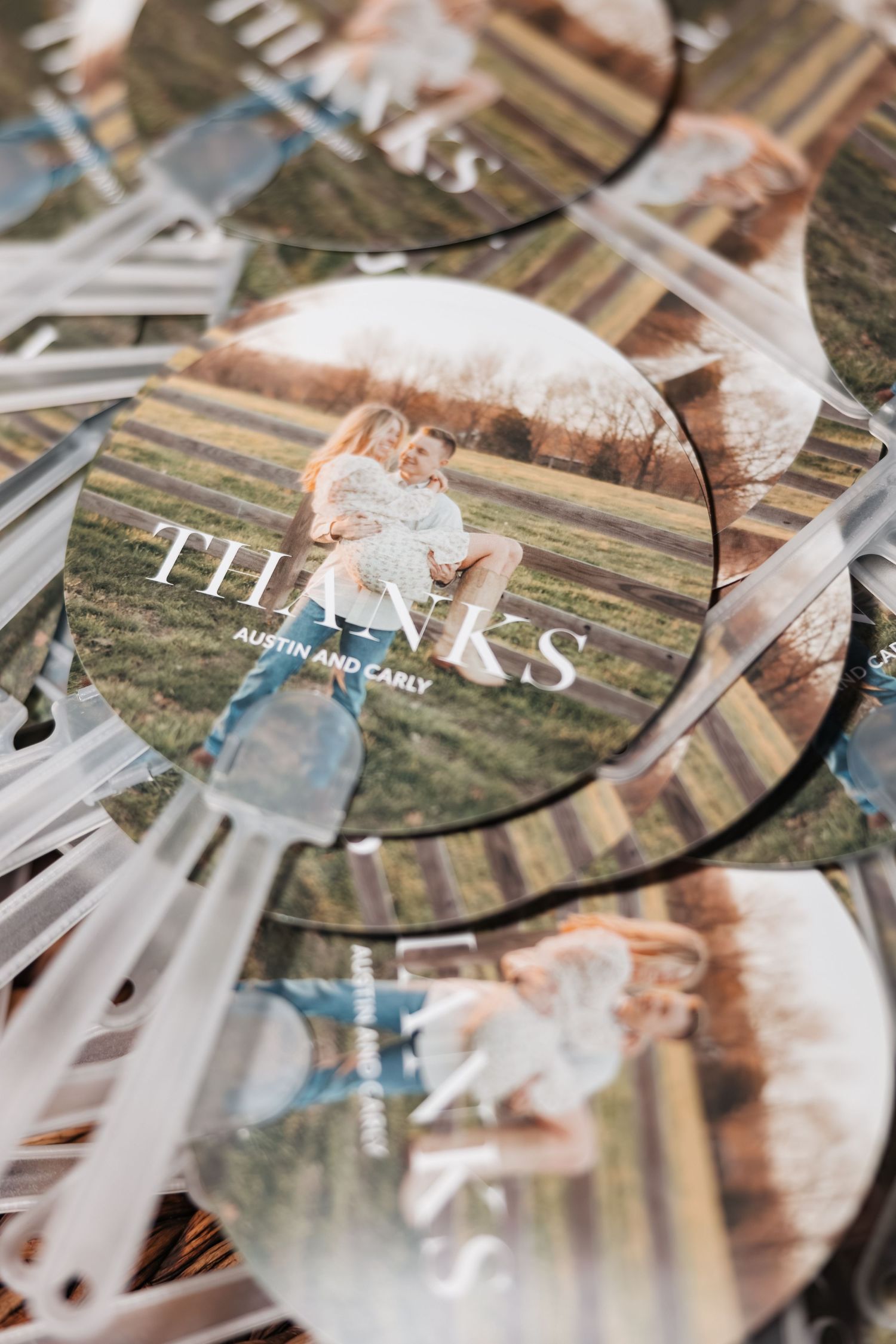 Wedding thank you cards featuring circular photo prints of the couple's special day.