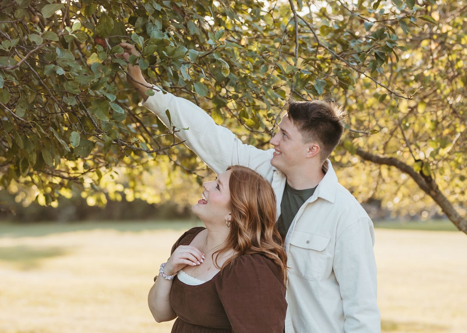 A couple embraces while reaching up toward tree branches in golden afternoon light.