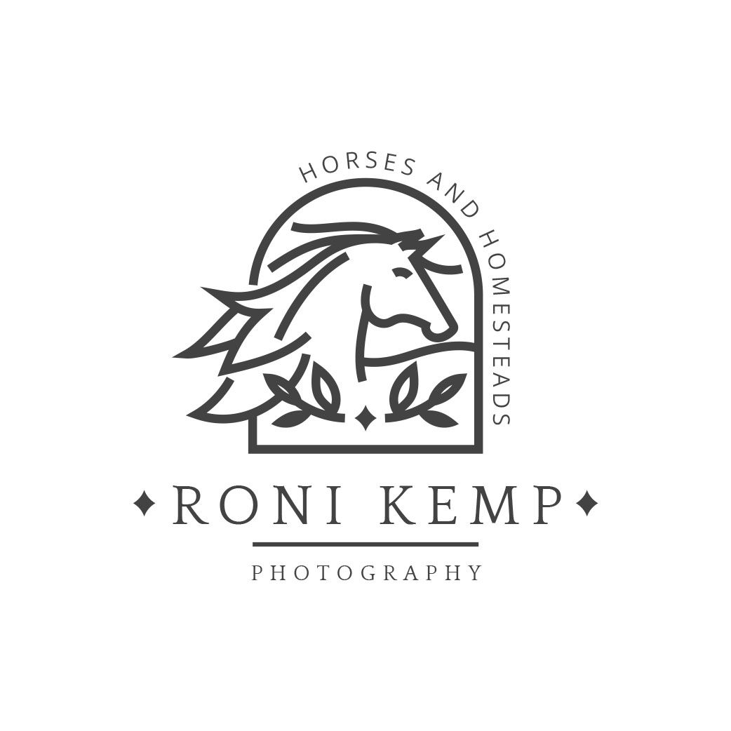 Minimalist black logo design for Roni Kemp Photography featuring a horse head silhouette and botanical elements.