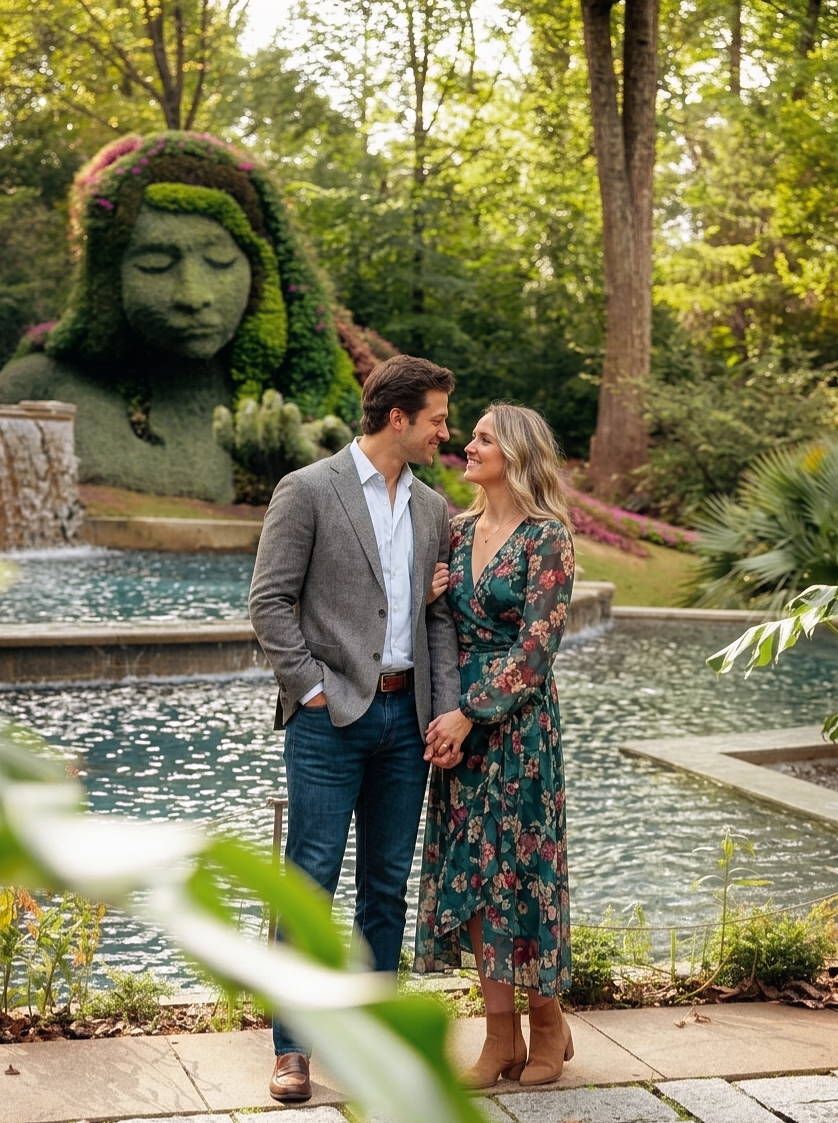 Couple holding hands during their engagement session at atlanta botanical gardens