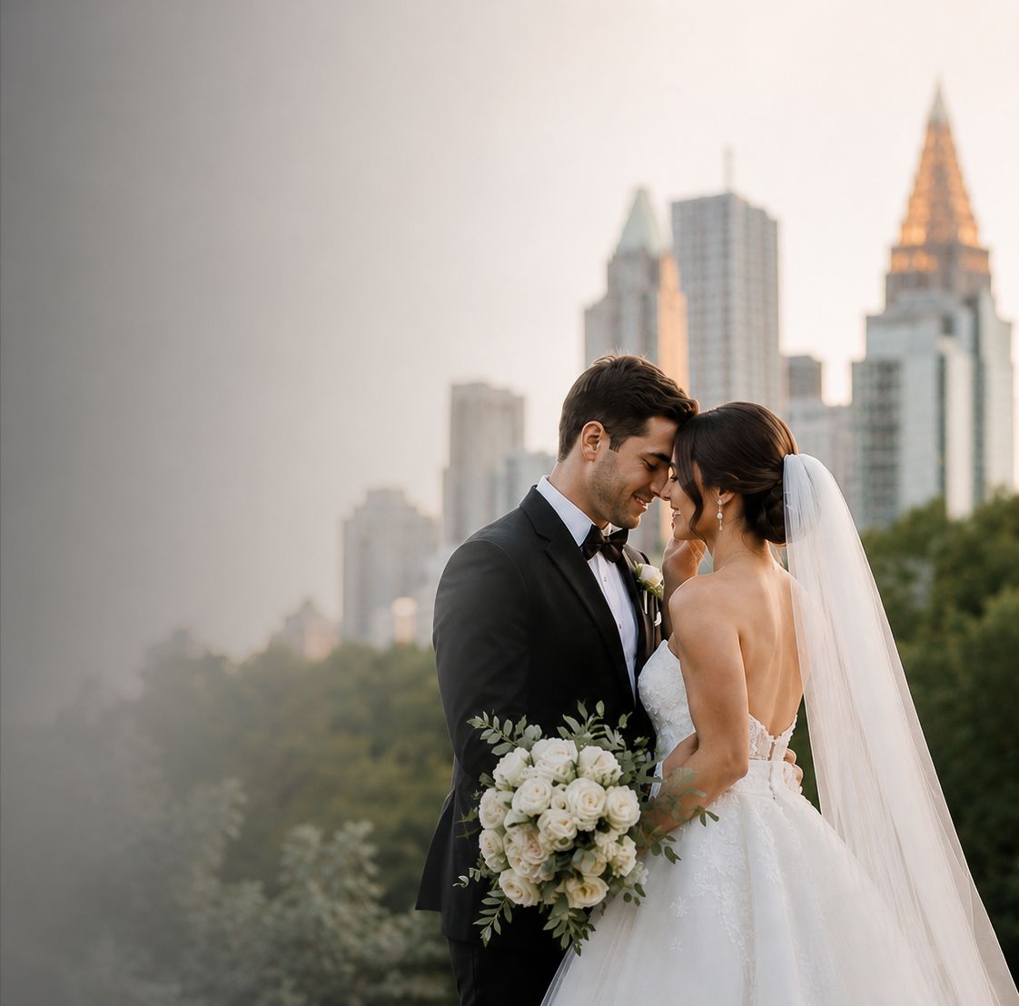 Bride and groom share romantic moment with NYC skyline backdrop, bride holding white floral bouquet in elegant wedding attire.