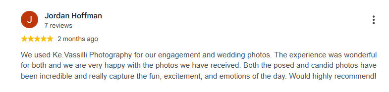 A five-star Google review praising Vasadi Photography for capturing fun, excitement, and emotions at an engagement and wedding.