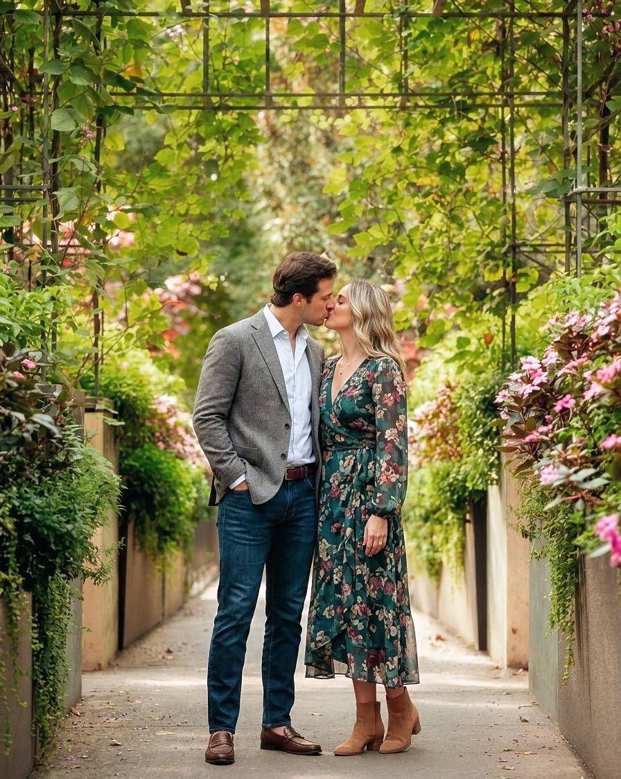 Couple sharing a romantic kiss under a lush garden pergola with pink flowers and green vines.